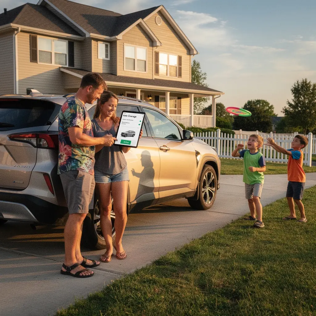 Счастливая семья, пользующаяся услугами автострахования на фоне своего автомобиля.