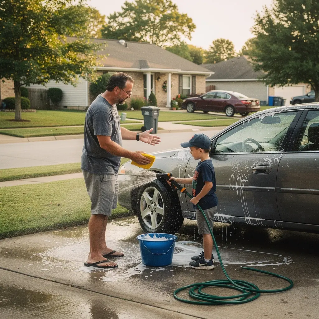 Автомобиль с включенными аварийными огнями на обочине дороги